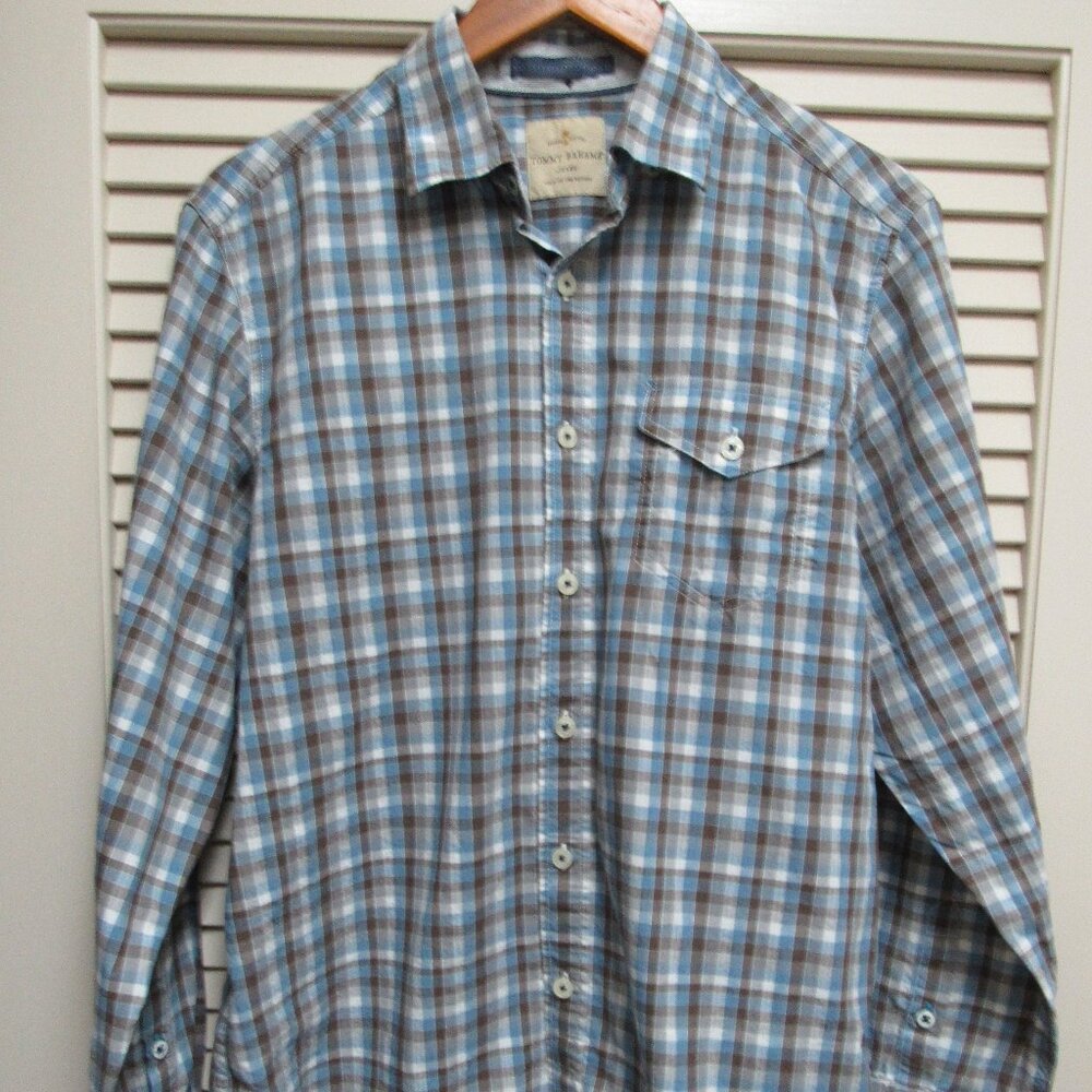 Tommy Bahama Island Crafted Shirt Mens S Blue Brown Plaid Cotton Travel Preppy